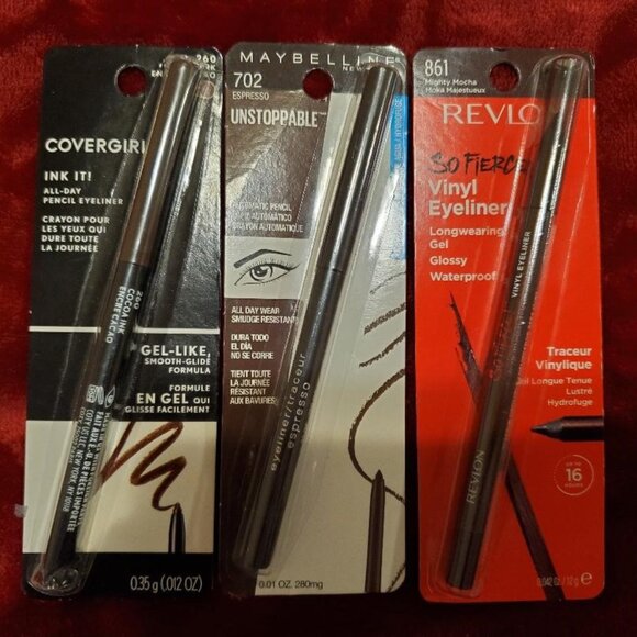 Brand New!  3 Eyeliners in brown, Covergirl, Maybelline, Revlon *NEW IN PACKAGE* - Picture 1 of 2